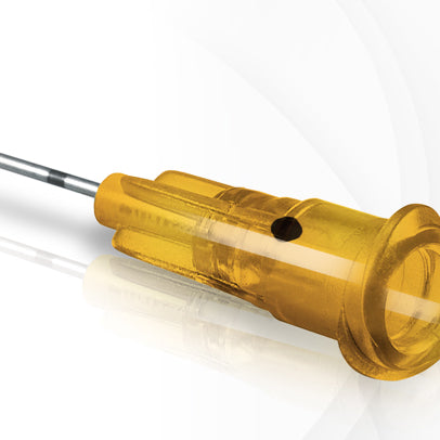 Close-up of a FeelSoft® Micro Filler Cannula hub by Avaderm® – ultra-fine cannula for dermal filler injections